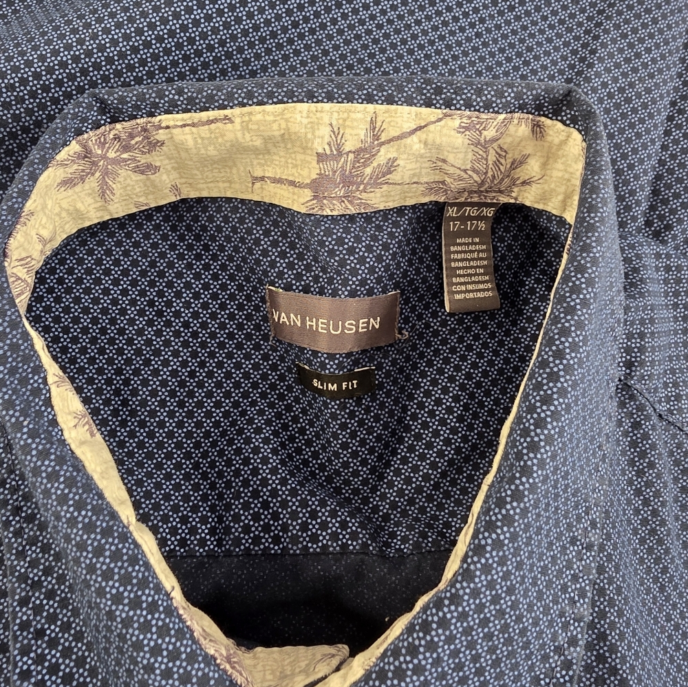 Van Heusen Navy Blue Short Sleeve Shirt Size XL Slim Fit Palm Tree Collar E-1650 - Picture 5 of 10